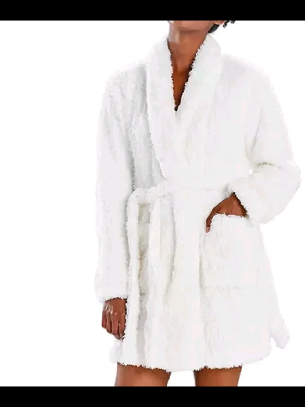 NATORI Plush Lounge Cardigan Robe Belt Cozy Shawl Collar White